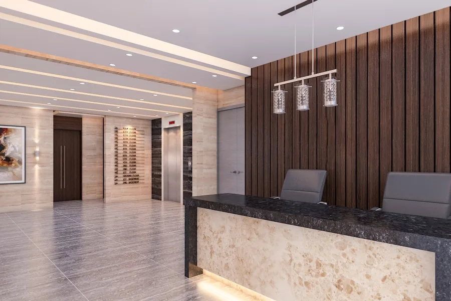Clean modern building lobby with polished surfaces and professional presentation